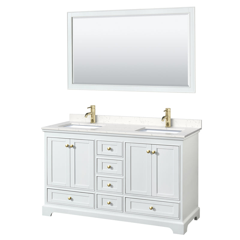 Wyndham Deborah 60" Double Bathroom Vanity In White With Light-Vein Carrara Cultured Marble Countertop Undermount Square Sinks Brushed Gold Trims And 58" Mirror WCS202060DWGC2UNSM58