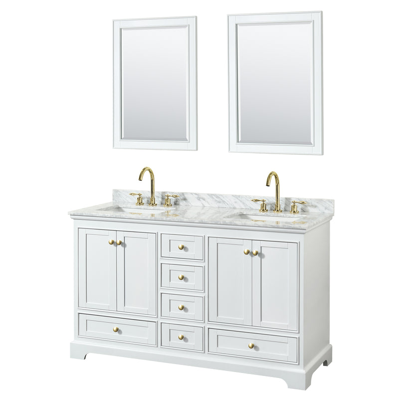 Wyndham Deborah 60" Double Bathroom Vanity In White With White Carrara Marble Countertop Undermount Square Sinks Brushed Gold Trims And 24" Mirrors WCS202060DWGCMUNSM24