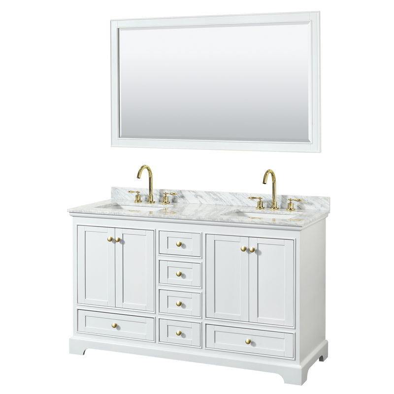 Wyndham Deborah 60" Double Bathroom Vanity In White With White Carrara Marble Countertop Undermount Square Sinks Brushed Gold Trims And 58" Mirror WCS202060DWGCMUNSM58