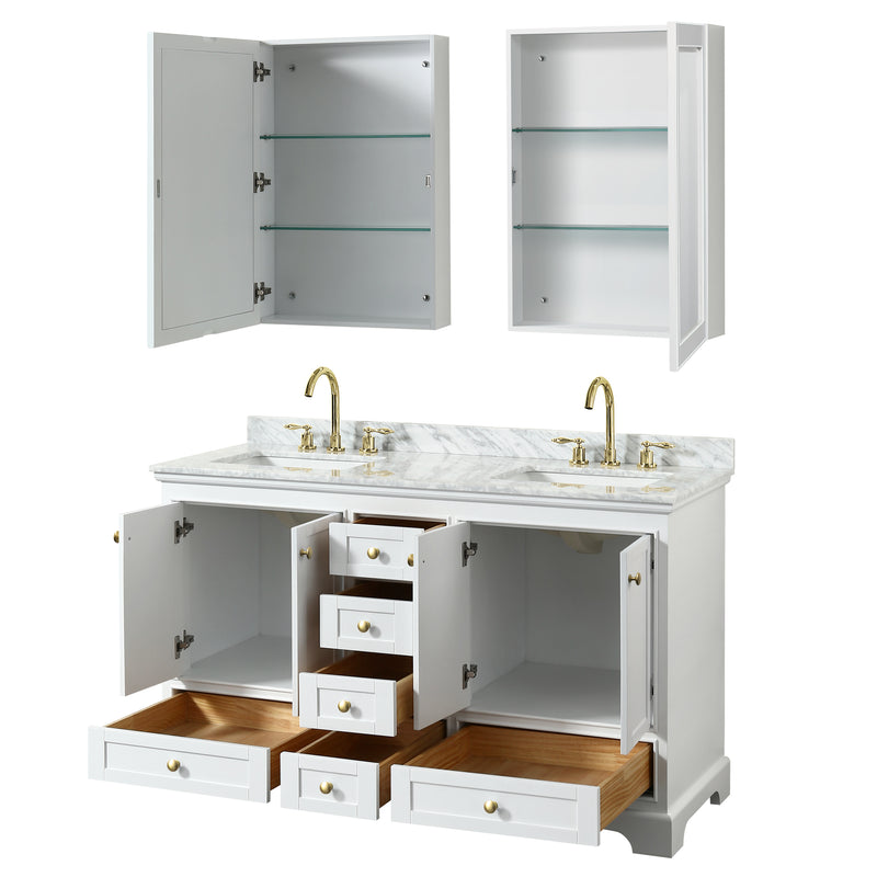 Wyndham Deborah 60" Double Bathroom Vanity In White with White Carrara Marble Countertop Undermount Square Sinks Brushed Gold Trims and Medicine Cabinets WCS202060DWGCMUNSMED