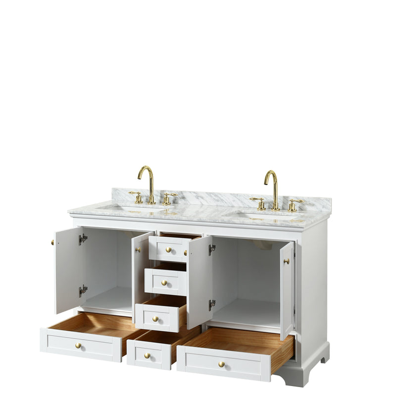 Wyndham Deborah 60" Double Bathroom Vanity In White with White Carrara Marble Countertop Undermount Square Sinks Brushed Gold Trims and No Mirror WCS202060DWGCMUNSMXX