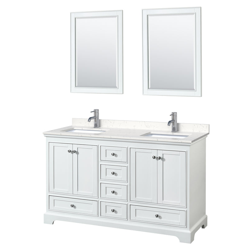 Wyndham Deborah 60" Double Bathroom Vanity In White With Light-Vein Carrara Cultured Marble Countertop Undermount Square Sinks And 24" Mirrors WCS202060DWHC2UNSM24