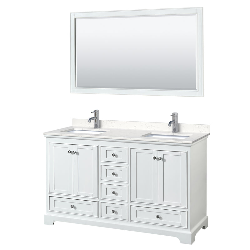 Wyndham Deborah 60" Double Bathroom Vanity In White With Light-Vein Carrara Cultured Marble Countertop Undermount Square Sinks And 58" Mirror WCS202060DWHC2UNSM58