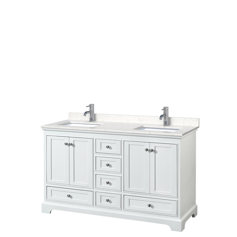 Wyndham Deborah 60" Double Bathroom Vanity In White With Light-Vein Carrara Cultured Marble Countertop Undermount Square Sinks And No Mirrors WCS202060DWHC2UNSMXX