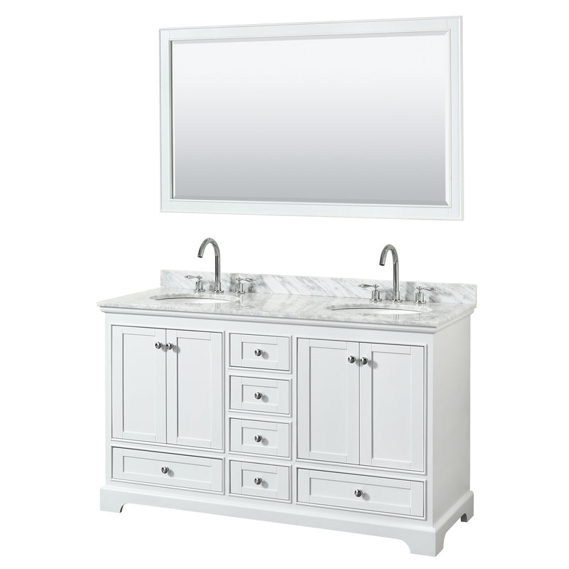 Wyndham Deborah 60" Double Bathroom Vanity In White With White Carrara Marble Countertop Undermount Oval Sinks And 58" Mirror WCS202060DWHCMUNOM58