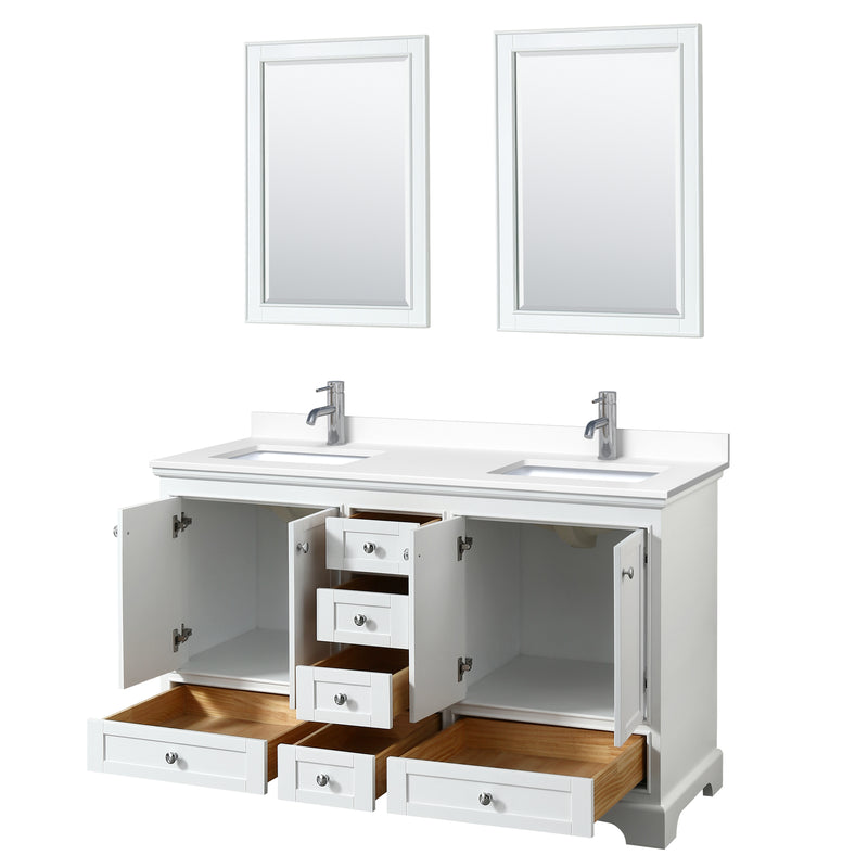 Wyndham Deborah 60" Double Bathroom Vanity In White with White Cultured Marble Countertop Undermount Square Sinks and 24" Mirrors WCS202060DWHWCUNSM24