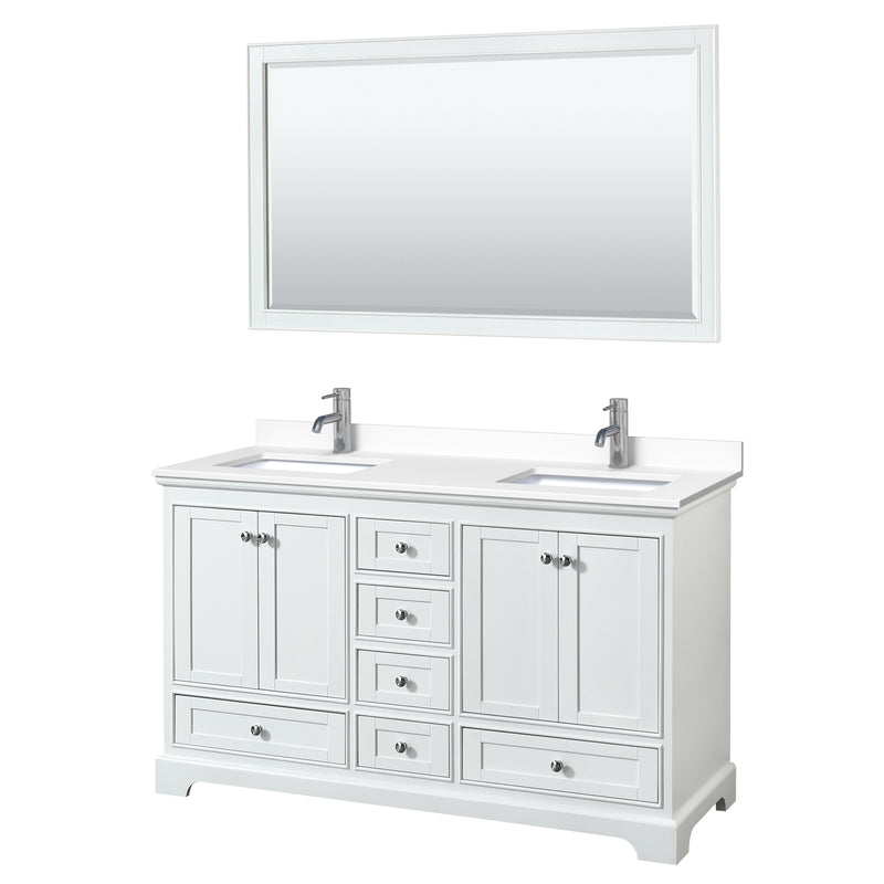 Wyndham Deborah 60" Double Bathroom Vanity In White With White Cultured Marble Countertop Undermount Square Sinks And 58" Mirror WCS202060DWHWCUNSM58