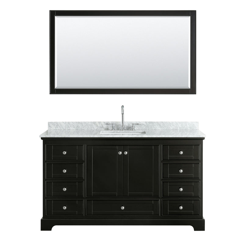 Wyndham Deborah 60" Single Bathroom Vanity In Dark Espresso White Carrara Marble Countertop Undermount Square Sink and 58" Mirror WCS202060SDECMUNSM58