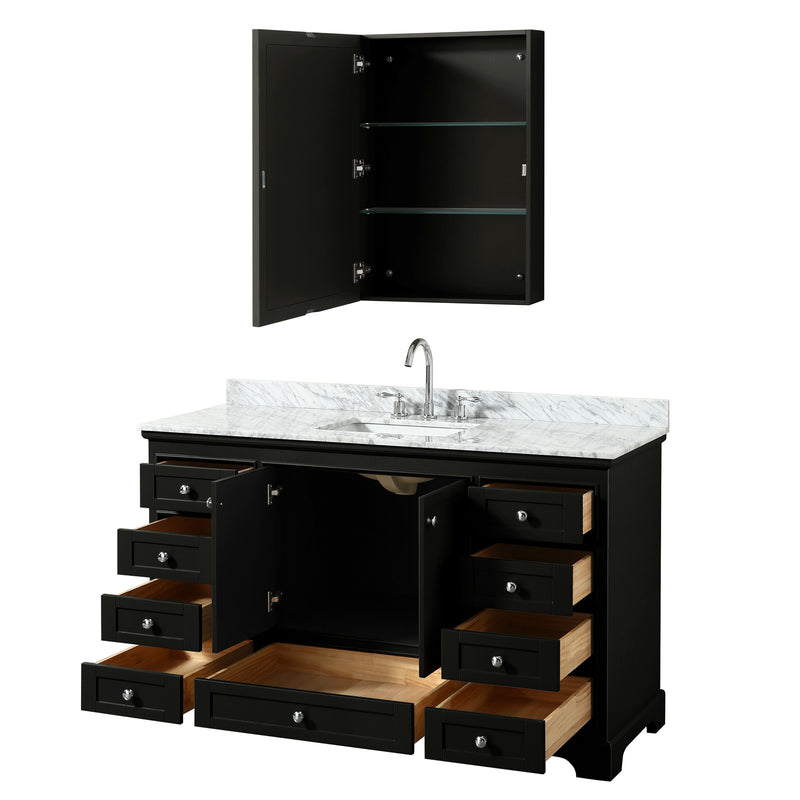 Wyndham Deborah 60" Single Bathroom Vanity In Dark Espresso White Carrara Marble Countertop Undermount Square Sink and Medicine Cabinet WCS202060SDECMUNSMED