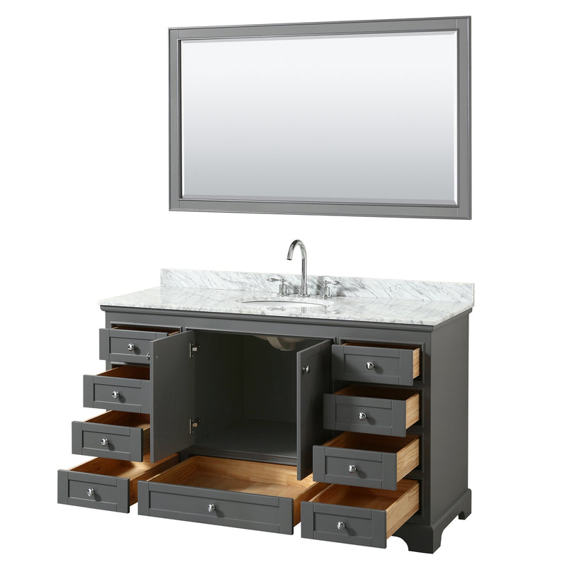 Wyndham Deborah 60" Single Bathroom Vanity In Dark Gray with White Carrara Marble Countertop Undermount Oval Sink and 58" Mirror WCS202060SKGCMUNOM58