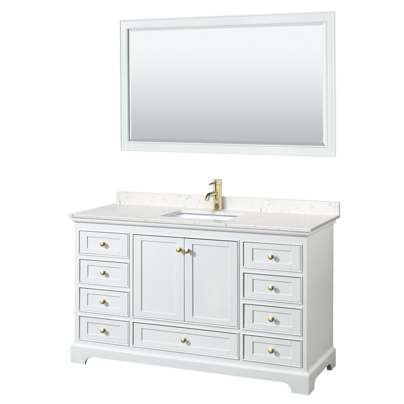 Wyndham Deborah 60" Single Bathroom Vanity In White With Light-Vein Carrara Cultured Marble Countertop Undermount Square Sink Brushed Gold Trims And 58" Mirror WCS202060SWGC2UNSM58