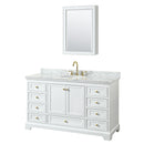 Wyndham Deborah 60" Single Bathroom Vanity In White With White Carrara Marble Countertop Undermount Oval Sink Brushed Gold Trims And Medicine Cabinet WCS202060SWGCMUNOMED