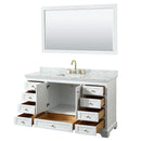 Wyndham Deborah 60" Single Bathroom Vanity In White with White Carrara Marble Countertop Undermount Square Sink Brushed Gold Trims and 58" Mirror WCS202060SWGCMUNSM58