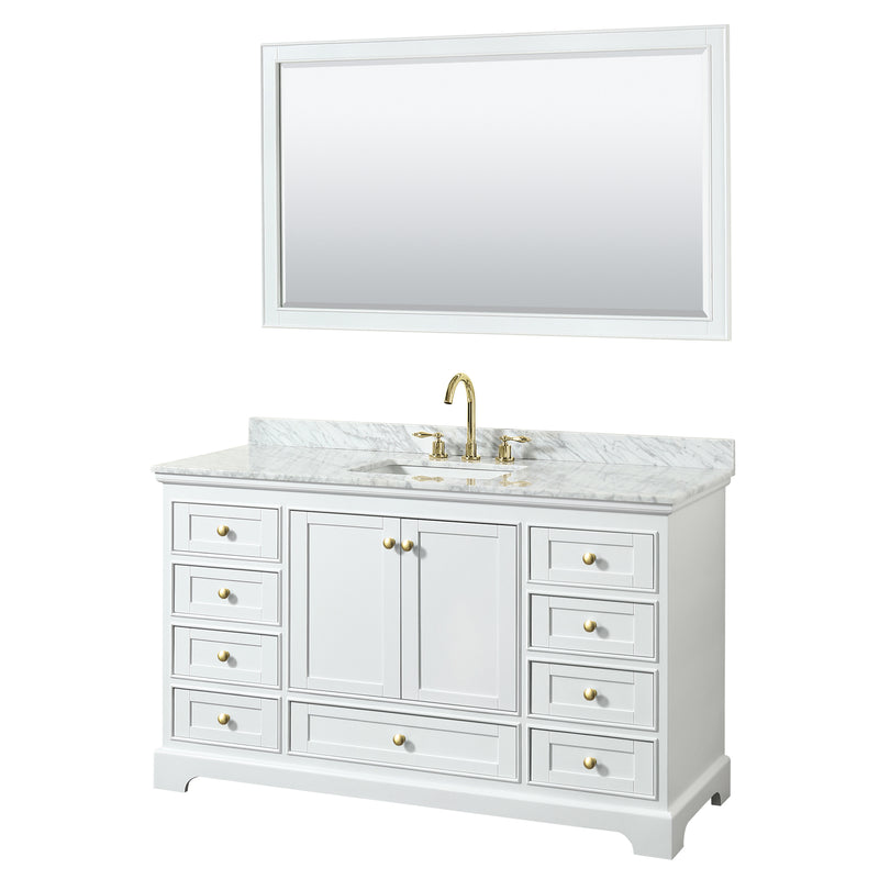 Wyndham Deborah 60" Single Bathroom Vanity In White With White Carrara Marble Countertop Undermount Square Sink Brushed Gold Trims And 58" Mirror WCS202060SWGCMUNSM58