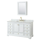 Wyndham Deborah 60" Single Bathroom Vanity In White With White Carrara Marble Countertop Undermount Square Sink Brushed Gold Trims And Medicine Cabinet WCS202060SWGCMUNSMED