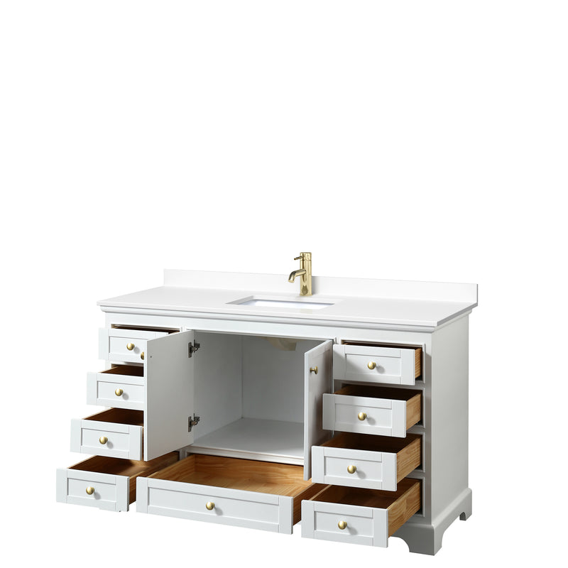 Wyndham Deborah 60" Single Bathroom Vanity In White with White Cultured Marble Countertop Undermount Square Sink Brushed Gold Trims and No Mirror WCS202060SWGWCUNSMXX