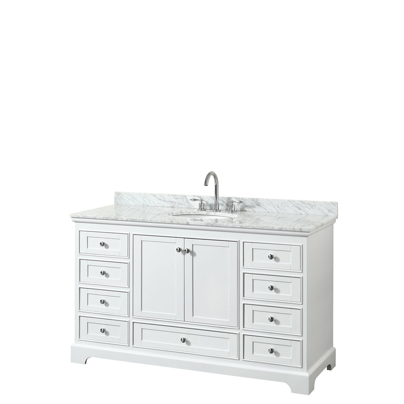 Wyndham Deborah 60" Single Bathroom Vanity In White With White Carrara Marble Countertop Undermount Oval Sink And No Mirror WCS202060SWHCMUNOMXX