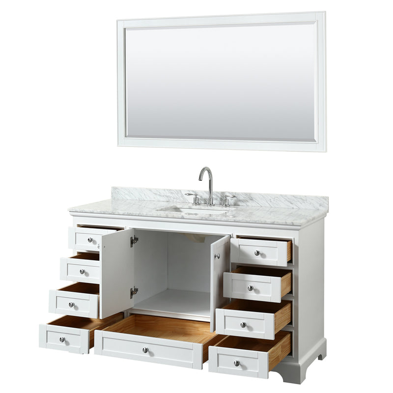 Wyndham Deborah 60" Single Bathroom Vanity In White with White Carrara Marble Countertop Undermount Square Sink and 58" Mirror WCS202060SWHCMUNSM58