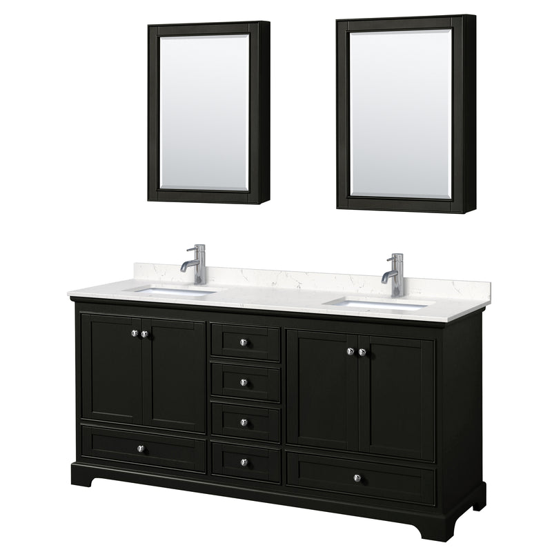 Wyndham Deborah 72" Double Bathroom Vanity In Dark Espresso With Light-Vein Carrara Cultured Marble Countertop Undermount Square Sinks And Medicine Cabinets WCS202072DDEC2UNSMED