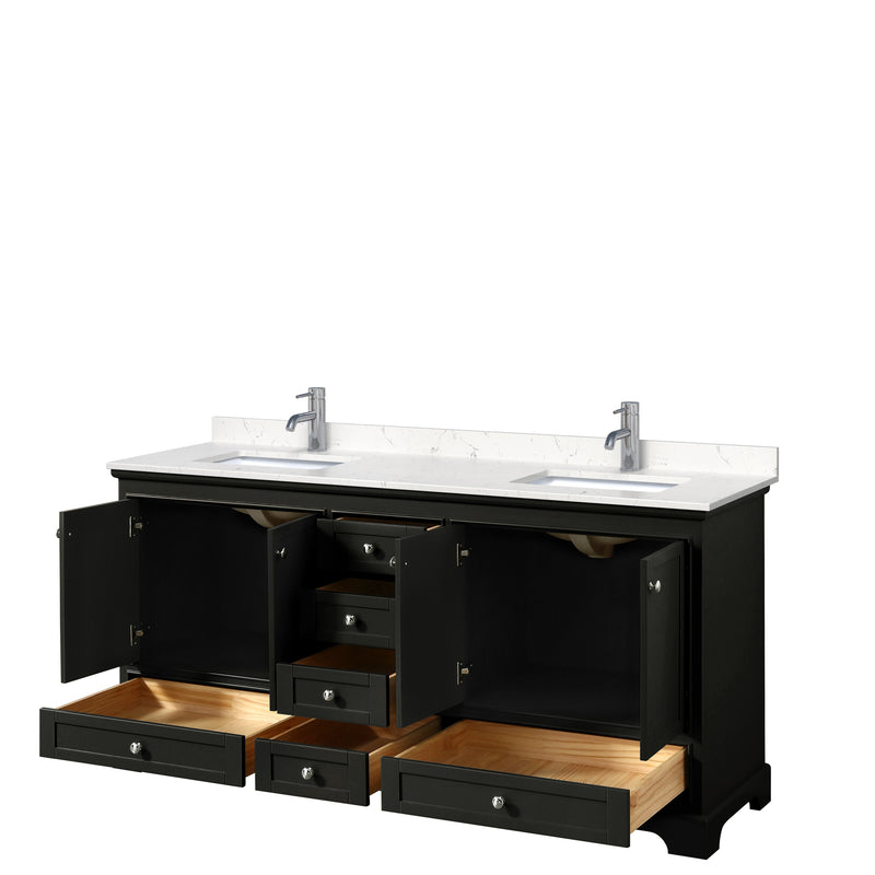 Wyndham Deborah 72" Double Bathroom Vanity In Dark Espresso with Light-Vein Carrara Cultured Marble Countertop Undermount Square Sinks and No Mirrors WCS202072DDEC2UNSMXX