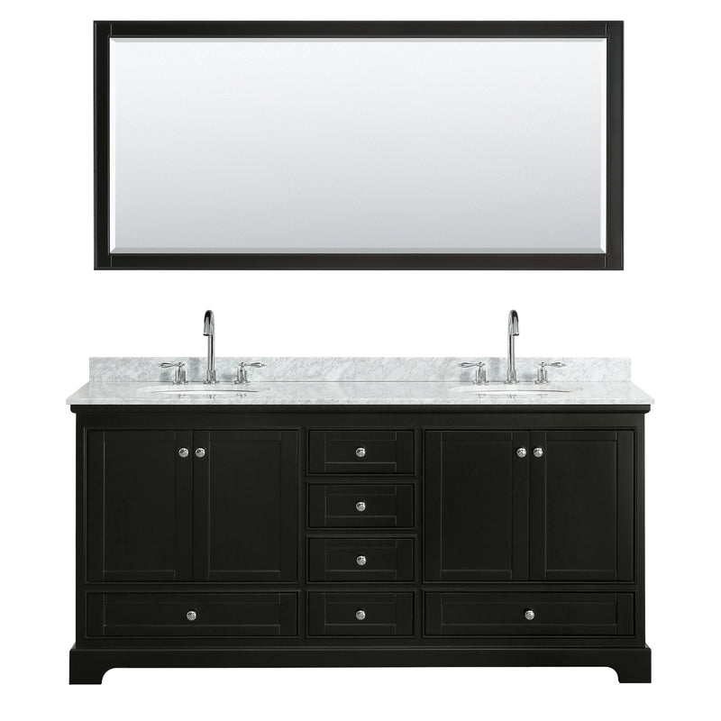 Wyndham Deborah 72" Double Bathroom Vanity In Dark Espresso White Carrara Marble Countertop Undermount Oval Sink and 70" Mirror WCS202072DDECMUNOM70