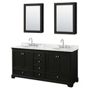 Wyndham Deborah 72" Double Bathroom Vanity In Dark Espresso White Carrara Marble Countertop Undermount Oval Sink And Medicine Cabinet WCS202072DDECMUNOMED