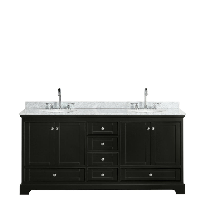 Wyndham Deborah 72" Double Bathroom Vanity In Dark Espresso White Carrara Marble Countertop Undermount Oval Sink and No Mirror WCS202072DDECMUNOMXX