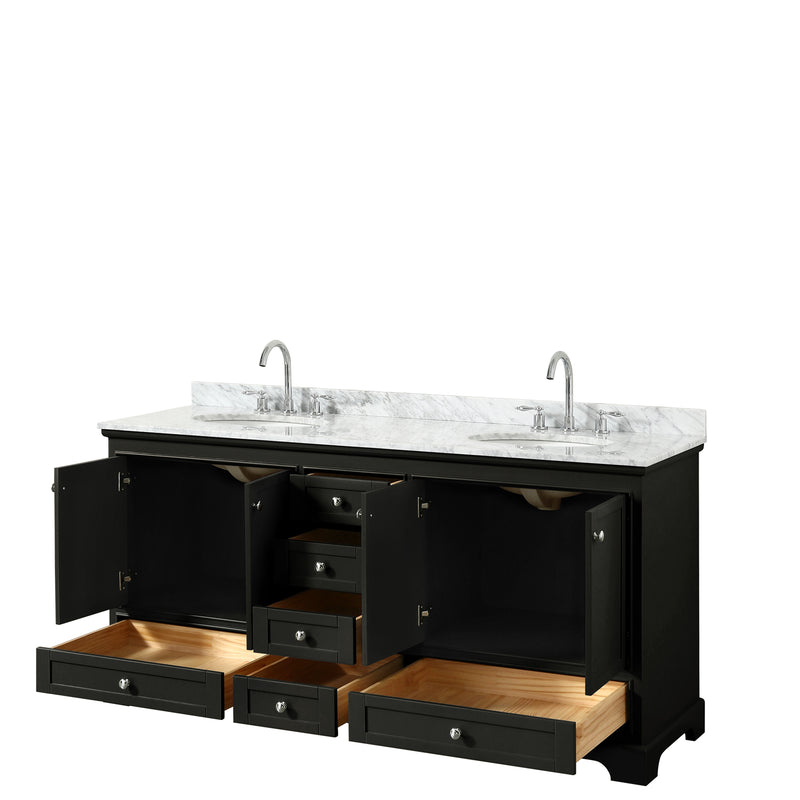 Wyndham Deborah 72" Double Bathroom Vanity In Dark Espresso White Carrara Marble Countertop Undermount Oval Sink and No Mirror WCS202072DDECMUNOMXX