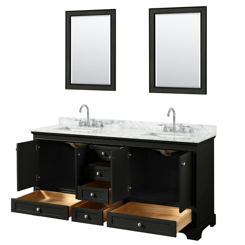 Wyndham Deborah 72" Double Bathroom Vanity In Dark Espresso White Carrara Marble Countertop Undermount Square Sink and 24" Mirror WCS202072DDECMUNSM24