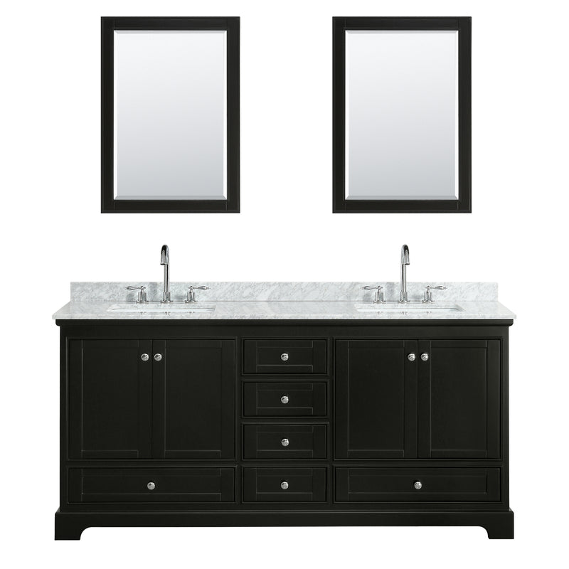 Wyndham Deborah 72" Double Bathroom Vanity In Dark Espresso White Carrara Marble Countertop Undermount Square Sink and Medicine Cabinet WCS202072DDECMUNSMED