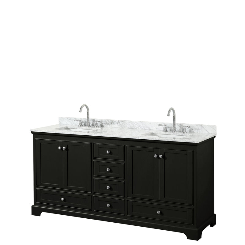 Wyndham Deborah 72" Double Bathroom Vanity In Dark Espresso White Carrara Marble Countertop Undermount Square Sink And No Mirror WCS202072DDECMUNSMXX