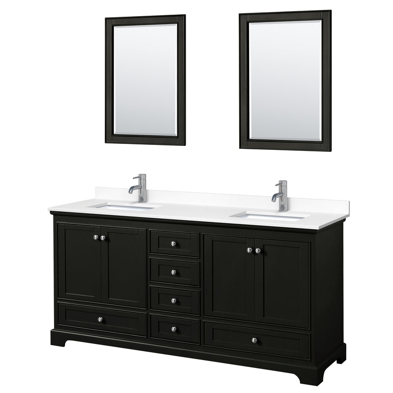 Wyndham Deborah 72" Double Bathroom Vanity In Dark Espresso With White Cultured Marble Countertop Undermount Square Sinks And 24" Mirrors WCS202072DDEWCUNSM24