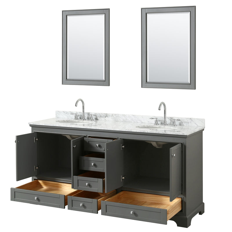 Wyndham Deborah 72" Double Bathroom Vanity In Dark Gray with White Carrara Marble Countertop Undermount Oval Sinks and 24" Mirrors WCS202072DKGCMUNOM24