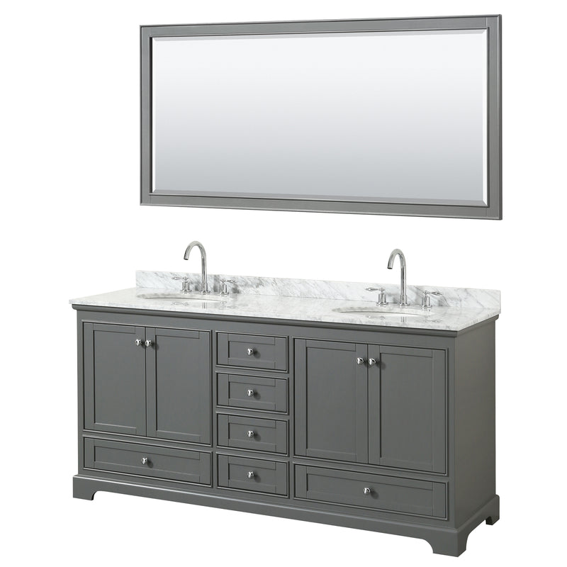 Wyndham Deborah 72" Double Bathroom Vanity In Dark Gray White Carrara Marble Countertop Undermount Oval Sink And 70" Mirror WCS202072DKGCMUNOM70