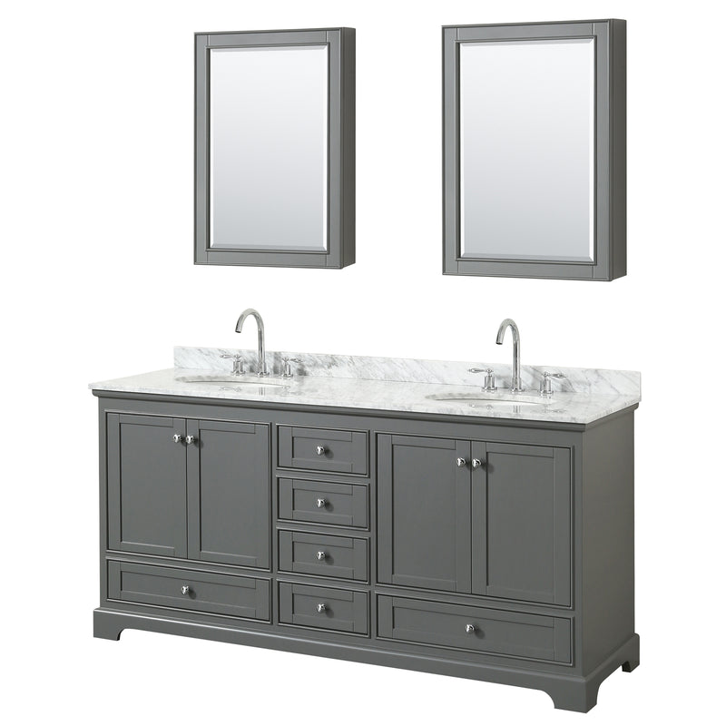 Wyndham Deborah 72" Double Bathroom Vanity In Dark Gray With White Carrara Marble Countertop Undermount Oval Sinks And Medicine Cabinets WCS202072DKGCMUNOMED