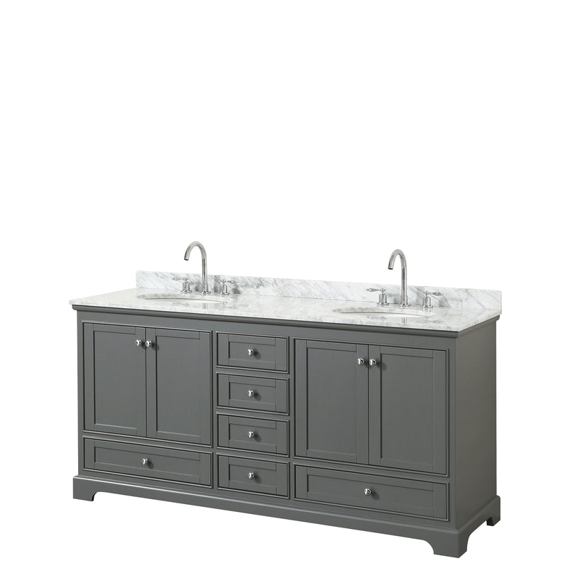 Wyndham Deborah 72" Double Bathroom Vanity In Dark Gray With White Carrara Marble Countertop Undermount Oval Sinks And No Mirrors WCS202072DKGCMUNOMXX