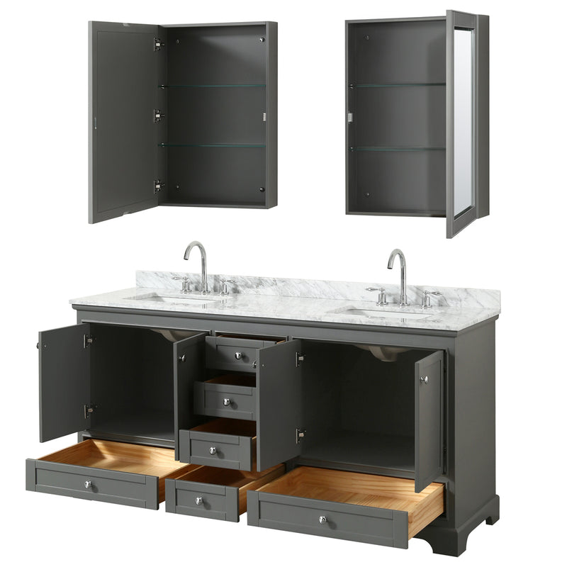 Wyndham Deborah 72" Double Bathroom Vanity In Dark Gray with White Carrara Marble Countertop Undermount Square Sinks and Medicine Cabinets WCS202072DKGCMUNSMED