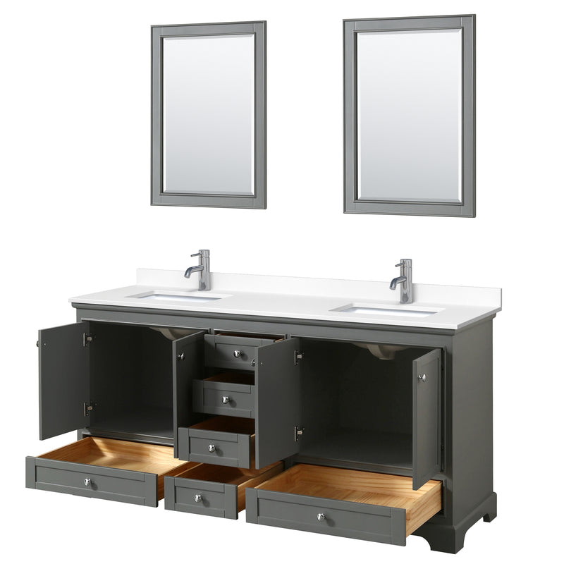 Wyndham Deborah 72" Double Bathroom Vanity In Dark Gray with White Cultured Marble Countertop Undermount Square Sinks and 24" Mirrors WCS202072DKGWCUNSM24