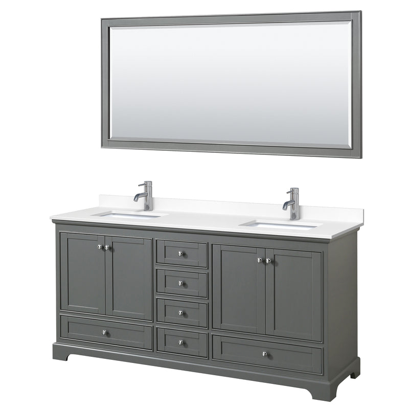 Wyndham Deborah 72" Double Bathroom Vanity In Dark Gray With White Cultured Marble Countertop Undermount Square Sinks And 70" Mirror WCS202072DKGWCUNSM70