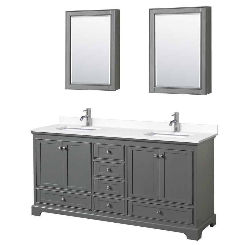 Wyndham Deborah 72" Double Bathroom Vanity In Dark Gray With White Cultured Marble Countertop Undermount Square Sinks And Medicine Cabinets WCS202072DKGWCUNSMED