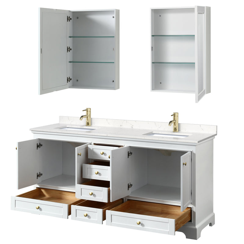 Wyndham Deborah 72" Double Bathroom Vanity In White with Light-Vein Carrara Cultured Marble Countertop Undermount Square Sinks Brushed Gold Trims and Medicine Cabinets WCS202072DWGC2UNSMED