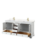 Wyndham Deborah 72" Double Bathroom Vanity In White with Light-Vein Carrara Cultured Marble Countertop Undermount Square Sinks Brushed Gold Trims and No Mirrors WCS202072DWGC2UNSMXX