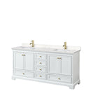 Wyndham Deborah 72" Double Bathroom Vanity In White With Light-Vein Carrara Cultured Marble Countertop Undermount Square Sinks Brushed Gold Trims And No Mirrors WCS202072DWGC2UNSMXX