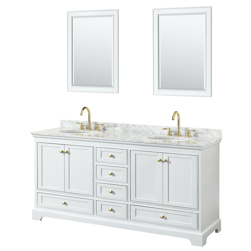 Wyndham Deborah 72" Double Bathroom Vanity In White With White Carrara Marble Countertop Undermount Oval Sinks Brushed Gold Trims And 24" Mirrors WCS202072DWGCMUNOM24