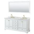 Wyndham Deborah 72" Double Bathroom Vanity In White With White Carrara Marble Countertop Undermount Oval Sinks Brushed Gold Trims And 70" Mirror WCS202072DWGCMUNOM70