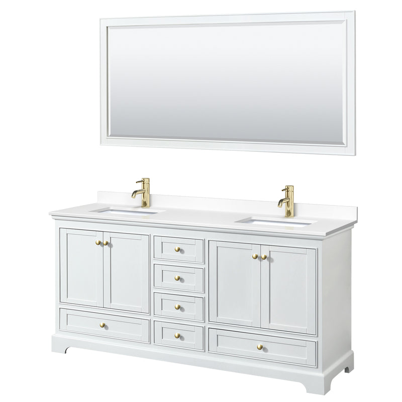 Wyndham Deborah 72" Double Bathroom Vanity In White With White Cultured Marble Countertop Undermount Square Sinks Brushed Gold Trims And 70" Mirror WCS202072DWGWCUNSM70