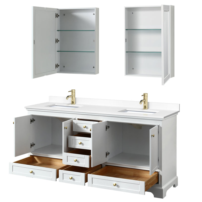 Wyndham Deborah 72" Double Bathroom Vanity In White with White Cultured Marble Countertop Undermount Square Sinks Brushed Gold Trims and Medicine Cabinets WCS202072DWGWCUNSMED