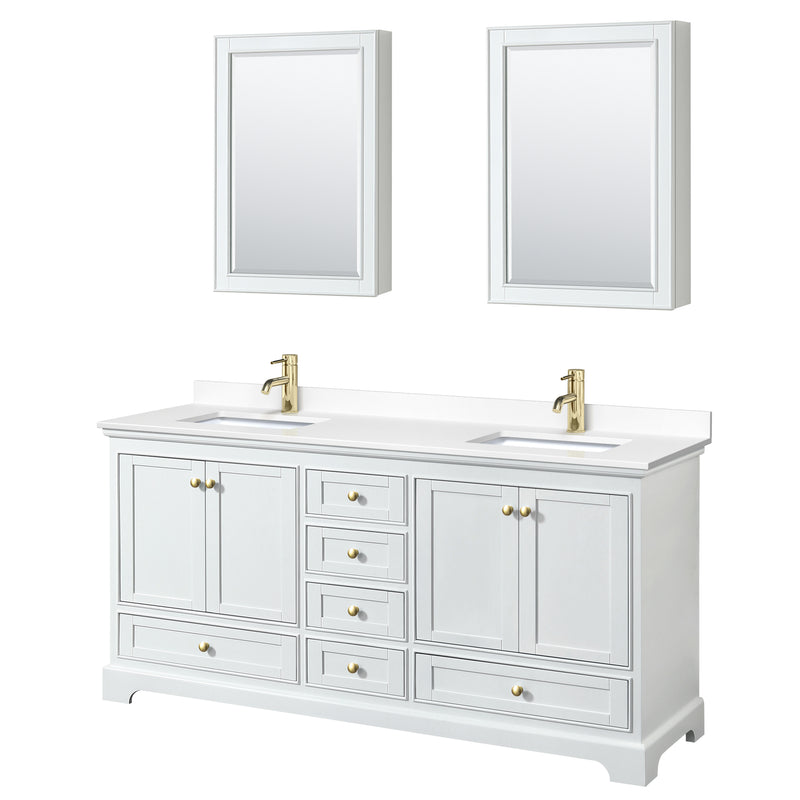 Wyndham Deborah 72" Double Bathroom Vanity In White With White Cultured Marble Countertop Undermount Square Sinks Brushed Gold Trims And Medicine Cabinets WCS202072DWGWCUNSMED