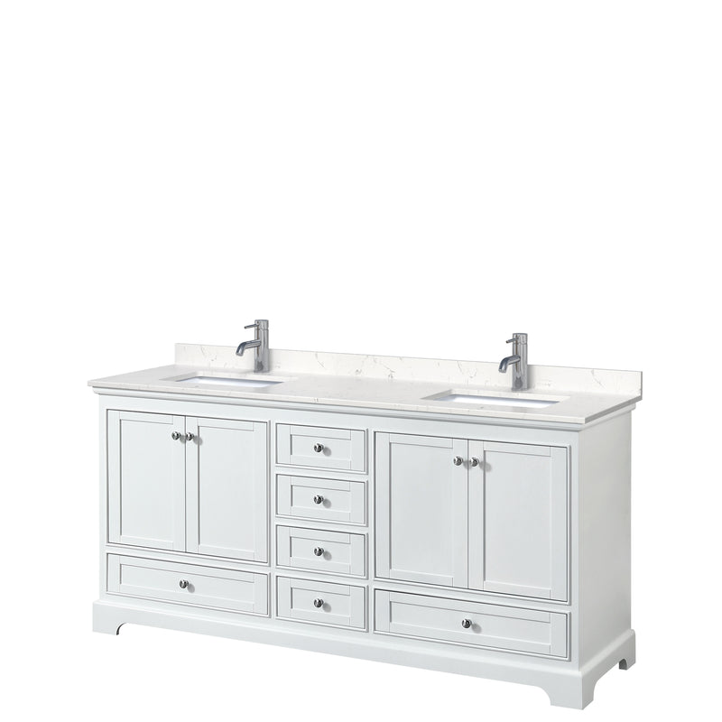 Wyndham Deborah 72" Double Bathroom Vanity In White With Light-Vein Carrara Cultured Marble Countertop Undermount Square Sinks And No Mirrors WCS202072DWHC2UNSMXX