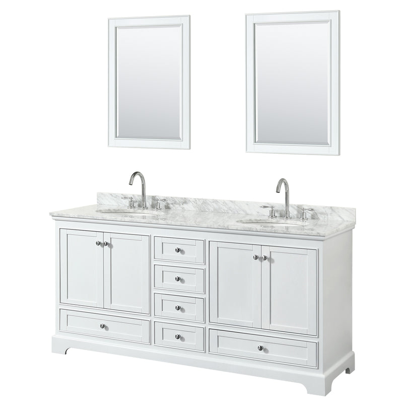 Wyndham Deborah 72" Double Bathroom Vanity In White With White Carrara Marble Countertop Undermount Oval Sinks And 24" Mirrors WCS202072DWHCMUNOM24